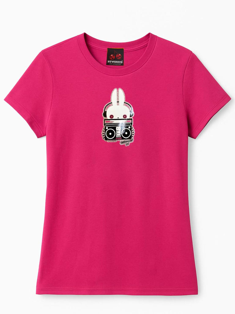 Hot pink NewBreed Girl Glitter Y2K Bunzy Boombox T Shirt, limited edition re-release